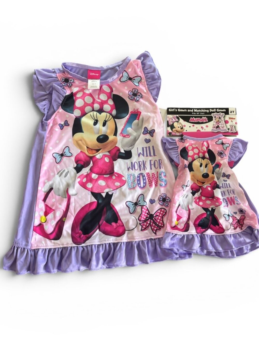 Disney Toddler Girls Purple "Will Work For Bows" Nightgown & Doll Dress Set